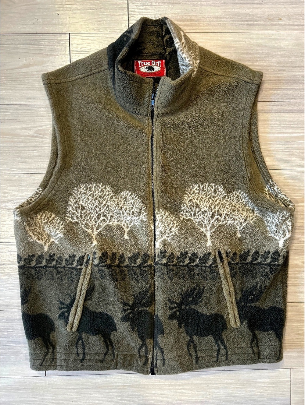 True Grit Fleece Vest XL Moose Tree Print Full Zip Sherpa Collar Outdoor Nature